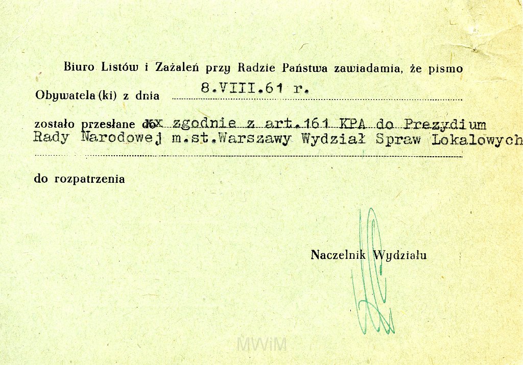 KKE 5839a.jpg - Dok. Pismo z Biura Skarg i Listów Urzędu Rady Ministrów dla Teresy Rogala dotyczące wniesionej skargi, Warszawa, 21 VIII 1961 r.